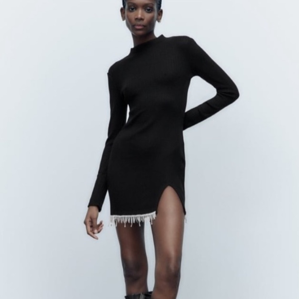 Zara Sweater Knit Dress Elegant Black with Fringe Detail Size S NEW WITH TAGS